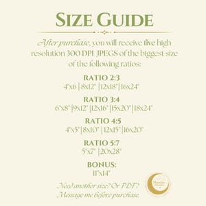 May include: A beige size guide graphic with dark green text. It lists five high resolution 300 DPI JPEGs in ratios 2:3, 3:4, 4:5, 5:7, and a bonus 11"x14" size. It includes specific inch dimensions for each ratio and a Moonlite Prints Co. logo.