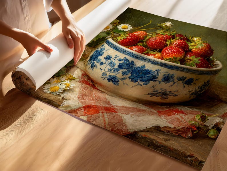 May include: A printed canvas wall art piece featuring a still life painting of a blue and white ceramic bowl filled with fresh red strawberries, resting on a white cloth with red checkered patterns, accented by small white daisy flowers.