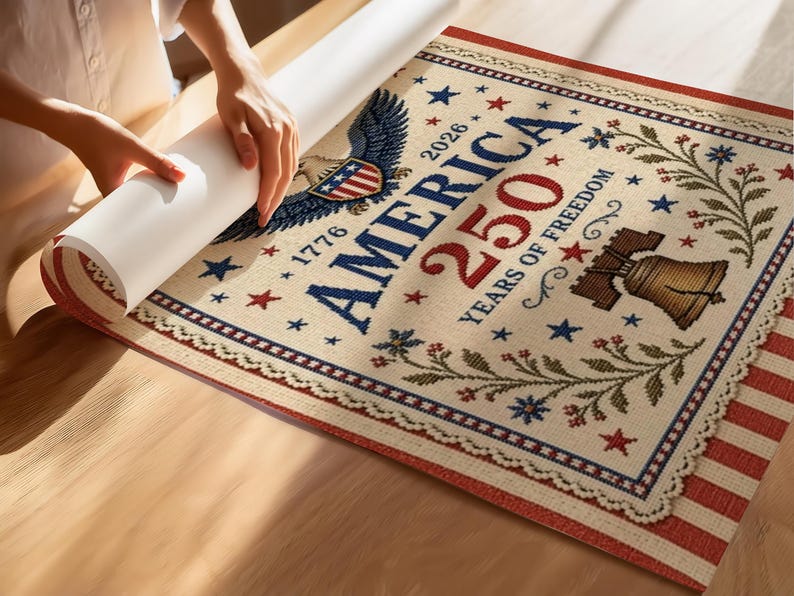 Puede incluir: Un tapiz beige con el texto "AMERICA 250 YEARS OF FREEDOM" y las fechas 1776 y 2026. El dise&ntilde;o incluye un &aacute;guila, estrellas y una campana. El tapiz tiene detalles en rojo, blanco y azul.
