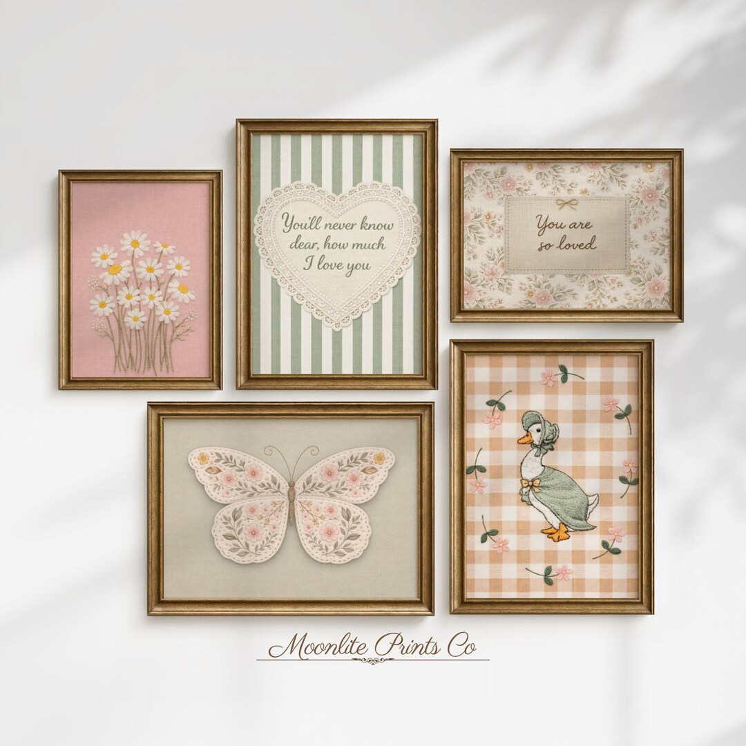 Vintage Girl Nursery Wall Art Set of 5 | Cottagecore Baby Girl Room ...