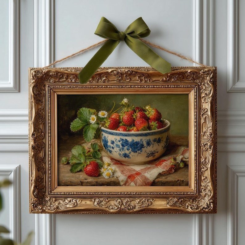 May include: A framed painting of a still life featuring a bowl of strawberries. The bowl has a blue floral design. The painting is in a gold ornate frame and is suspended by a green ribbon.