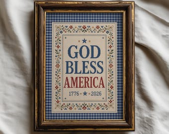 Arte mural imprimible "Dios bendiga a América", decoración del 250 aniversario de Estados Unidos, arte vintage americano con estampado de punto de cruz (descarga digital).