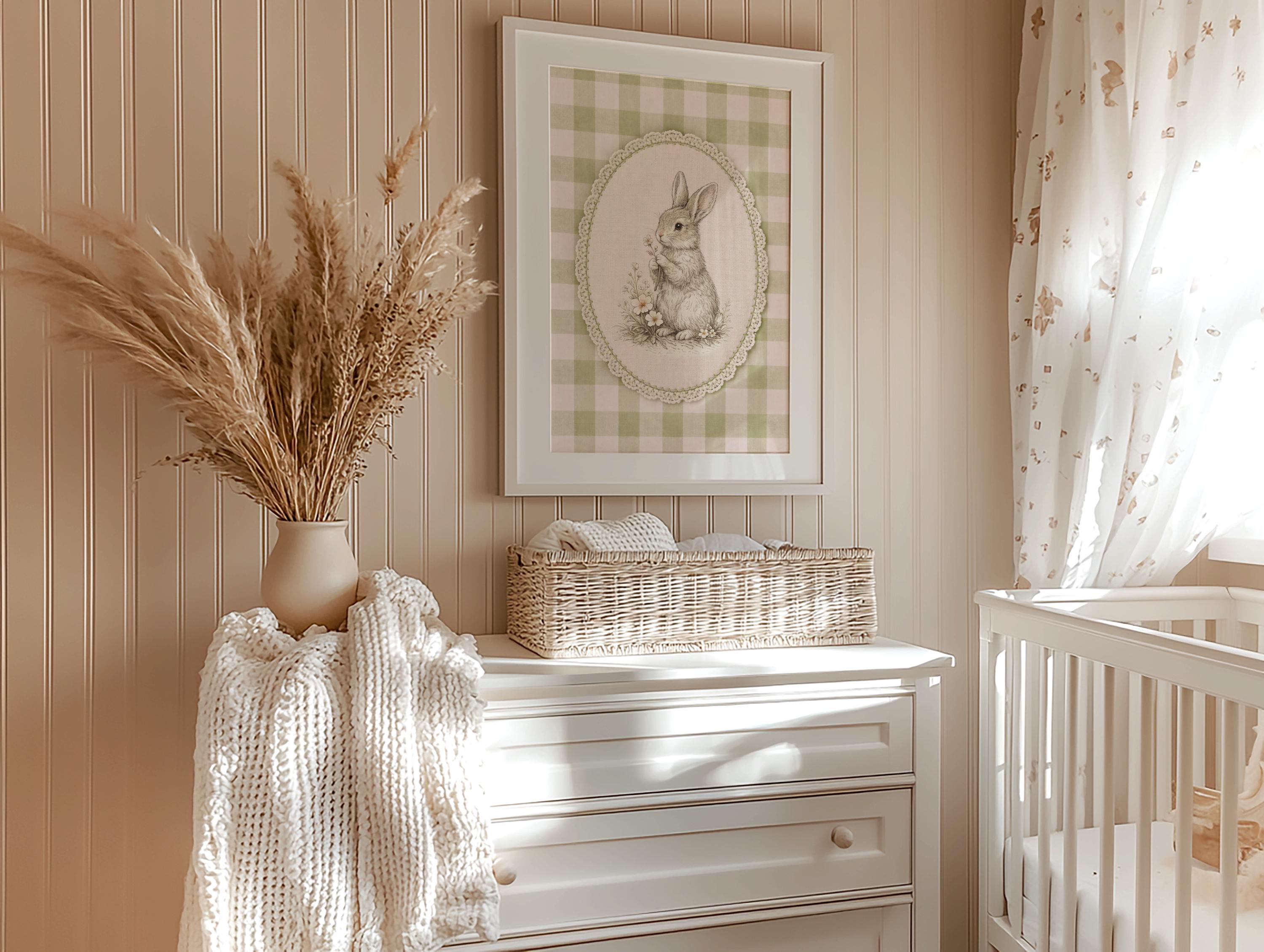 Vintage Rabbit Wall Art Print | Green Gingham Cottagecore Nursery Decor ...