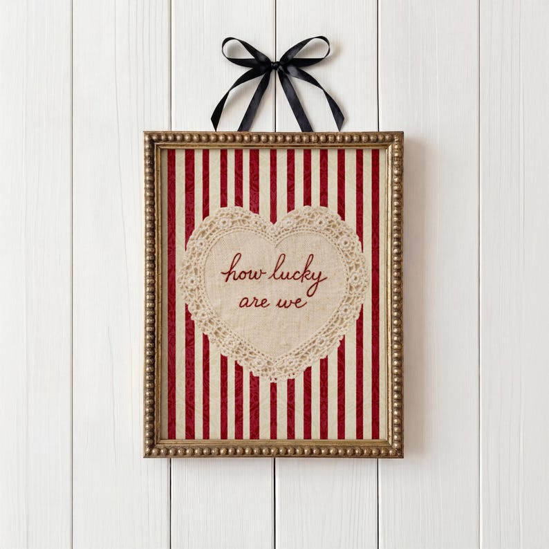 How Lucky Are We Wall Art, Romantic Coquette Wall Art, Vintage Lace Heart Print, Red Striped Printable Quote, Digital Download image 1