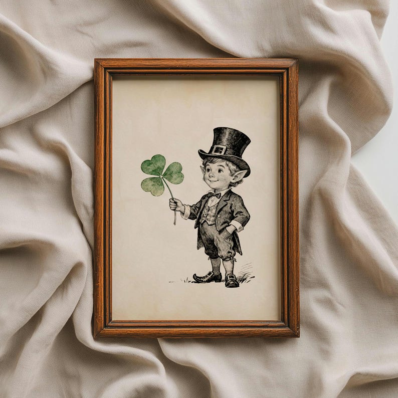 Vintage väggkonst för St Patrick's Day, irländsk sagobokillustration, klövershamrockdekor, utskrivbar Cottagecore, digital nedladdning av pyssling bild 4