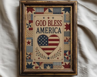 Vintage Gud välsigne Amerika utskrivbar väggkonst, Americana Quilt Print, Patriotisk Cottagecore-dekor, Rustik USA-flagga (digital nedladdning)