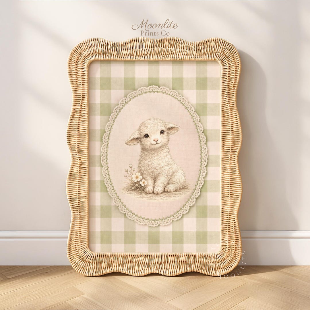Vintage Baby Lamb Nursery Wall Art| Green Gingham Cottagecore PRINTABLE ...