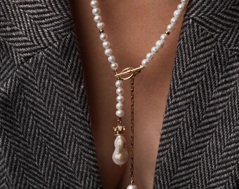 Baroque Freshwater Pearl Lariat Necklace, Gold Statement Jewelry