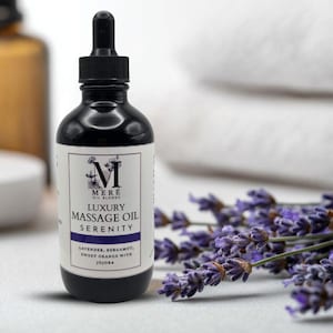 SERENITY - Aromatherapy Massage Oil, a calming blend of Lavender, Bergamot, Sweet Orange, Peppermint, and Vanilla