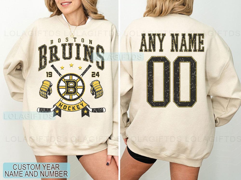 Snorider Design Personalized Boston Hockey Sweatshirt, Boston Bruins Crewneck, Boston Hockey Shirt, Custom Hockey Shirt, Hockey Number Shirt