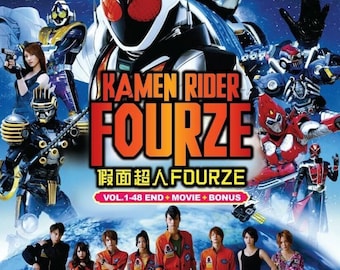 May include: DVD cover for "Kamen Rider Fourze" featuring multiple costumed characters and a group of people in orange jumpsuits. The title is prominently displayed with Japanese text. The DVD case has a blue and white background with a space theme.