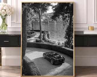 Può includere: Una stampa artistica da parete incorniciata in bianco e nero che raffigura un'auto sportiva di lusso parcheggiata su un vialetto di ghiaia vicino a un lago, circondata da alberi e siepi curate, con una balaustra in pietra.