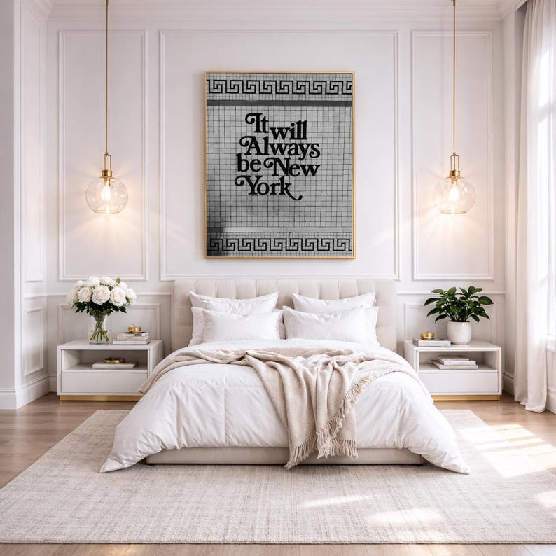 Black and white New York typography wall art featuring the phrase “It will always be New York” on a vintage subway tile background with Greek key border, minimalist NYC quote print, modern urban wall decor, monochrome city typography artwork, aesthetic New York poster for bedroom, living room or gallery wall