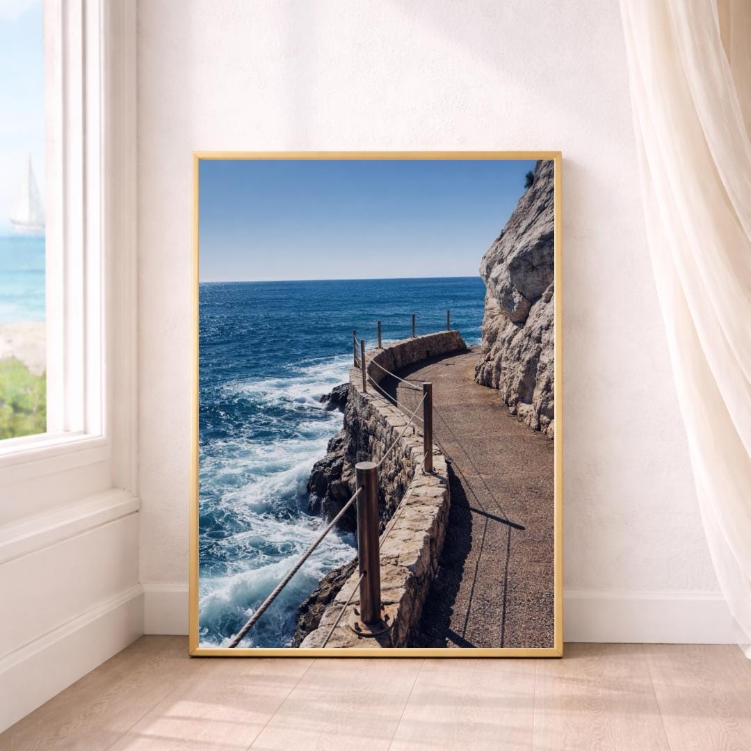 French Riviera Coastal Print | Mediterranean Cliffside Walk Wall Art ...