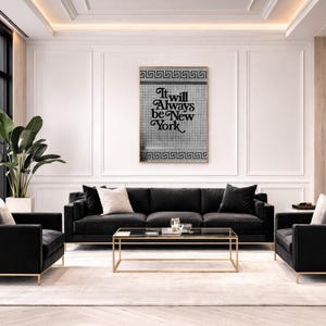 Black and white New York typography wall art featuring the phrase “It will always be New York” on a vintage subway tile background with Greek key border, minimalist NYC quote print, modern urban wall decor, monochrome city typography artwork, aesthetic New York poster for bedroom, living room or gallery wall