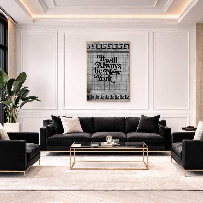 Black and white New York typography wall art featuring the phrase “It will always be New York” on a vintage subway tile background with Greek key border, minimalist NYC quote print, modern urban wall decor, monochrome city typography artwork, aesthetic New York poster for bedroom, living room or gallery wall