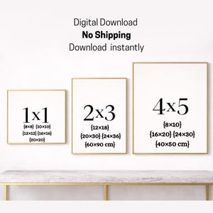 May include: Three framed art prints with the dimensions 1x1, 2x3, and 4x5, each with black text on a white background. The text includes inch and centimeter measurements. The top of the image reads "Digital Download, No Shipping, Download instantly."
