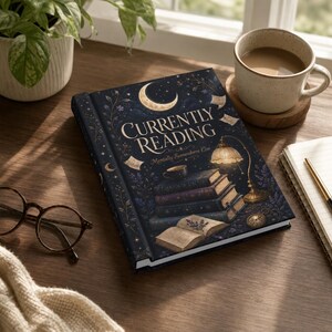 May include: A hardcover book with a dark blue cover featuring a gold crescent moon, stars, and floral vines. The text reads "CURRENTLY READING" and "Mentally Somewhere Else" above an illustration of a stack of books, a lamp, and an open book.