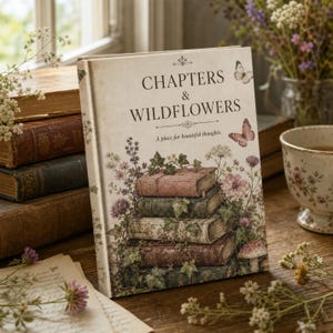 以下が含まれることがあります： 「Chapters & Wildflowers: A place for beautiful thoughts」というタイトルのハードカバー本。表紙には、ピンク、緑、茶色の色合いで描かれた、野花、アイビー、2匹の蝶に囲まれた本の積み重ねのイラストが描かれています。
