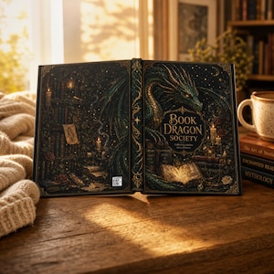 May include: An open hardcover book titled Book Dragon Society with a dark green and gold cover illustration featuring a dragon, lit candles, and stacks of books. The design includes intricate gold filigree borders and a small QR code on the bottom left.