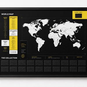May include: A framed world map in black and white, with a black background and white continents. Yellow text boxes provide regional information. The bottom section features a series of black squares.