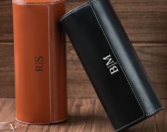 Personalized Vegan Leather Travel Watch Roll: 3-Slot Watch Case