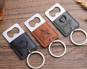 Personalized Vegan Leather Bottle Opener Keychain: Engraved Groomsmen Gift