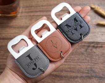 Personalized Vegan Leather Bottle Opener Keychain: Engraved Groomsmen Gift