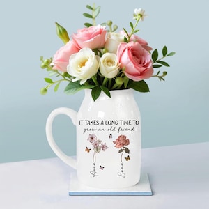 Vaso de flores personalizado da amizade – presente de cerâmica floral personalizado para o mês de nascimento para melhor amigo, presente de aniversário para melhor amiga