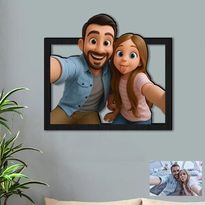 Spersonalizowany drewniany znak z kreskówek 3D ze zdjęciem Niestandardowy portret rodzinny Prezent Sztuka ścienna do wystroju domu Para Dzieci lub znak pamiątkowy dla zwierząt