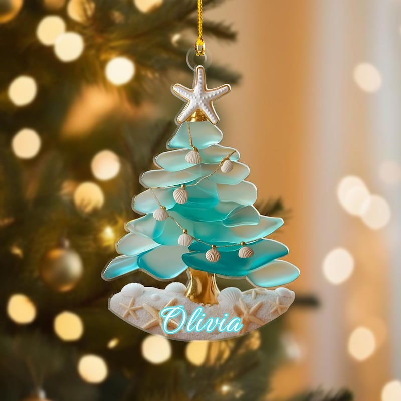 🌊Free Personalization🌊 Coastal Sea Glass Christmas Tree Ornament 2025 – Ocean Inspired Acrylic Decoration – Christmas Gift for Beach Lovers