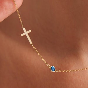 Personalized Birthstone Cross Necklace:14k gold Birthstones Cross Necklace.Gift for Her,Family Cross Necklace,Confirmation Gift,Baptism Gift