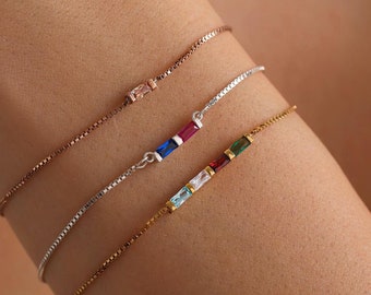 Pulsera de piedra natal de oro de 14 quilates, pulsera personalizada con piedra natal de baguette, regalo personalizado para mamá o abuela, regalo de cumpleaños para Navidad y el Día de la Madre.