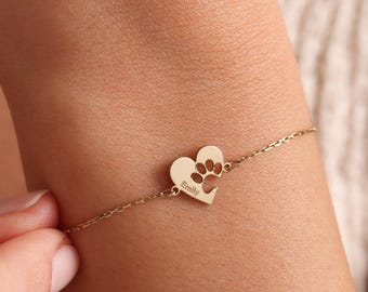 Pulsera de corazón con huella de pata grabada: joyería conmemorativa personalizada para mascotas