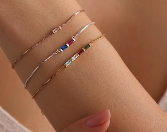 Pulsera de oro de 14k con piedra natal, pulsera con piedra natal baguette, regalo de graduación, regalo de cumpleaños, regalo para la abuela, regalo de Navidad para ella