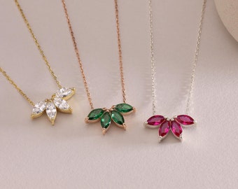Marquise Diamond Flower Necklace: Dainty CZ Petal Pendant