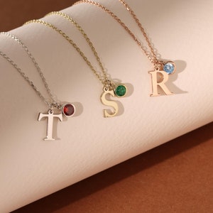 14K Gold Initial Necklace with Birthstone - Personalized Name Pendant