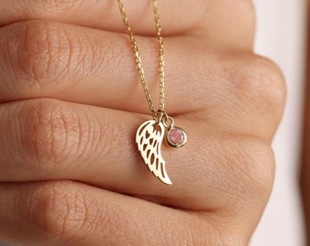 Angel Wing Necklace,Birthstone Angel Wing Necklace,Miscarriage Necklace,Guardian Angel,Memorial Necklace,14k Gold Necklace,christmas gift