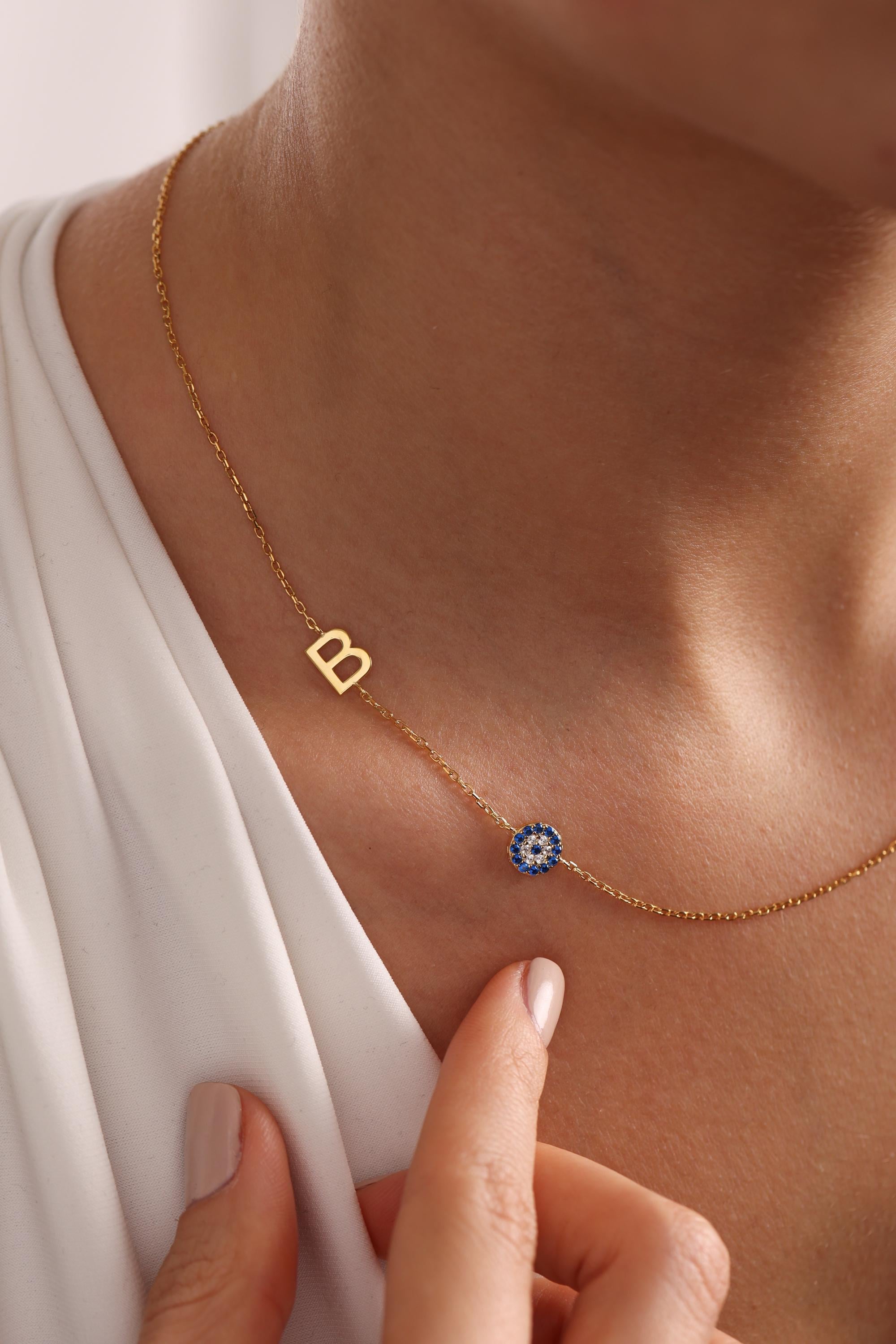 Personalized Evil Eye Necklace With Initial,gold Sideways Letter