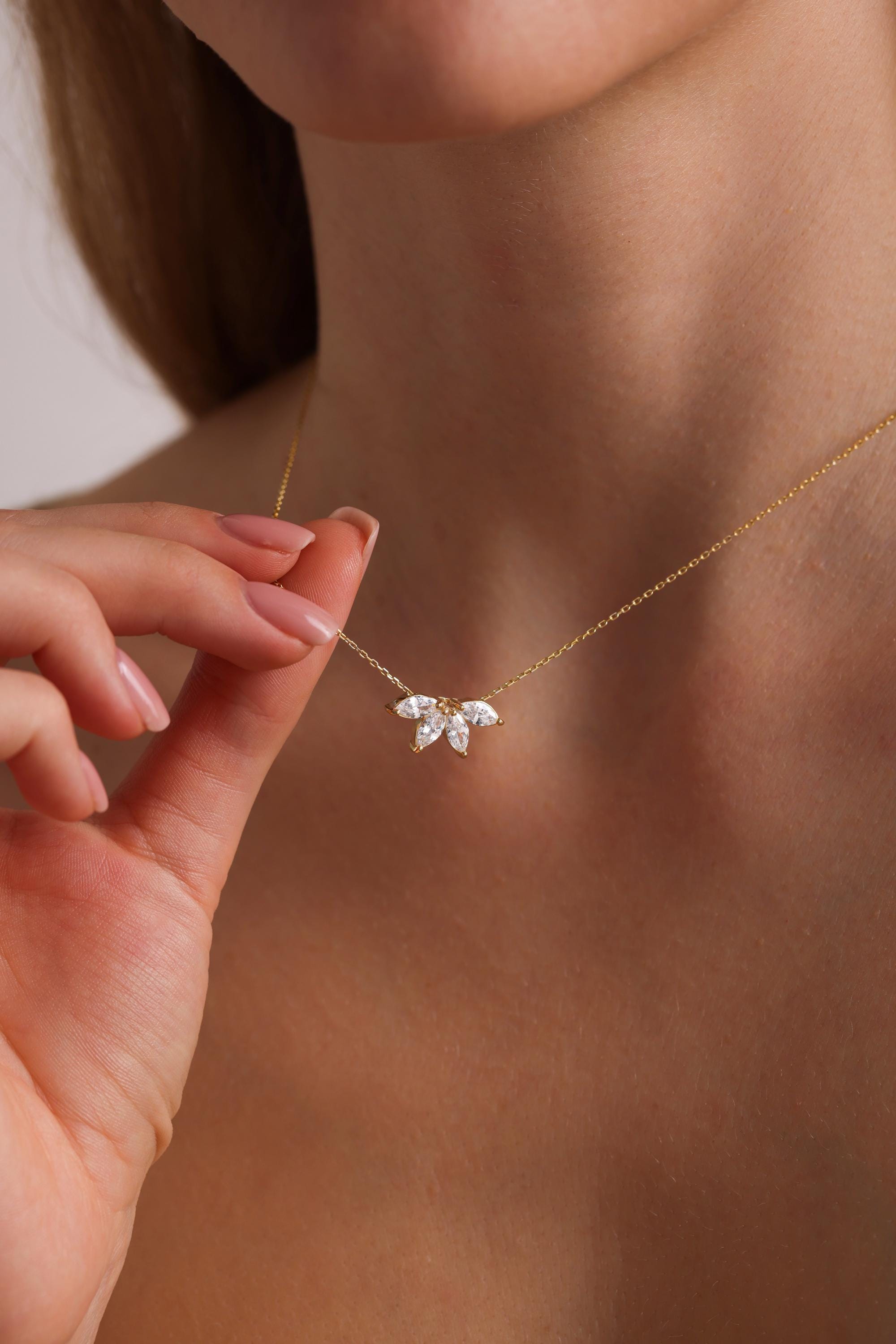 Marquise Diamond Necklace, Flower Petal Diamond Necklace ,Flower Necklace , Bridesmaid Gift,Dainty necklace,Mothers Day gift,christmas gift
