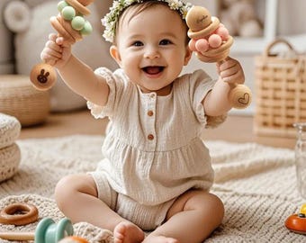 Personalized Wooden Baby Rattle with Engraved Name Toy, Baby Shower Birthday Gift for Baby keepsake, Toddler Gift, Baby Rattle Kids Gift