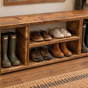 Può includere: Una panca rettangolare in legno per riporre le scarpe con una finitura a venature del legno marrone scuro. L'unità presenta un alto scomparto verticale sui lati sinistro e destro per gli stivali e due ripiani centrali con quattro paia di scarpe.