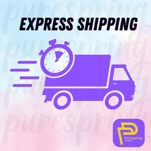 May include: Purple delivery truck with a stopwatch icon, representing express shipping. The text "EXPRESS SHIPPING" is displayed above the truck. The logo for PureSpring Apparel is in the bottom right corner.