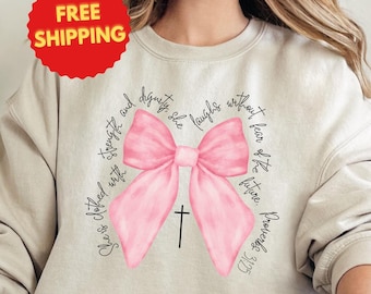 Coquette Christian Sweatshirt, Women's Inspirational Sweatshirt, Coquette Mommy Sweater, Bible Verse Pink Bow Sweatshirt, Best Gifts for Her
