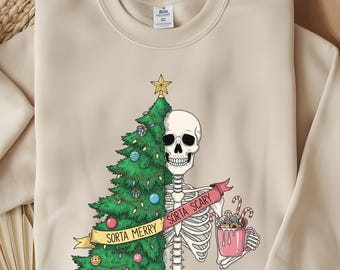 Sorta Merry Sorta Scary Sweatshirt, Skeleton Christmas Sweatshirt, Christmas Lights Shirt, Gift for Her, Christmas Skeleton, Holiday Sweater