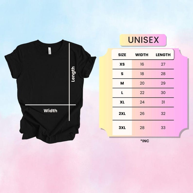 May include: Black unisex t-shirt with size chart showing width and length measurements in inches for sizes XS to 3XL.  *INC