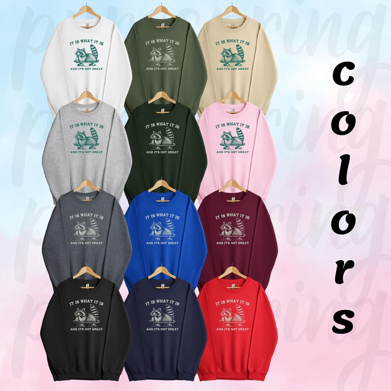 May include: A set of ten crewneck sweatshirts in various colors, each featuring a graphic of a raccoon on a skateboard with the text "It is what it is and it's not great".