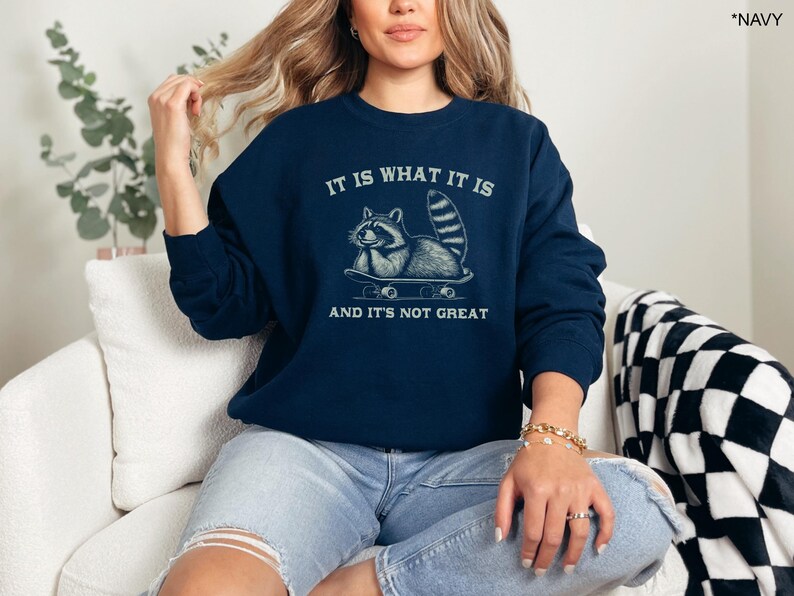 May include: A navy blue sweatshirt with a graphic of a raccoon skateboarding and the text "It is what it is and it's not great."
