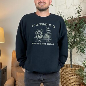May include: Black sweatshirt with a graphic of a raccoon skateboarding and the text "It is what it is and it's not great."