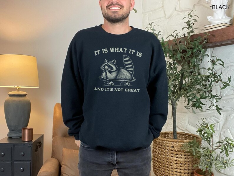 May include: Black sweatshirt with a graphic of a raccoon skateboarding and the text "It is what it is and it's not great."